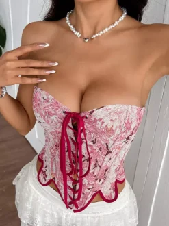 Corset Tops Floral Print Pink Sleeveless Strapless With Front Lace-Up