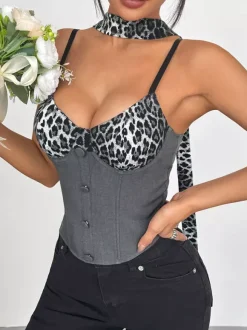 Corset Tops Leopard Print Black Chic Sleeveless Straps Neck Leopard Print Zipper Bustier