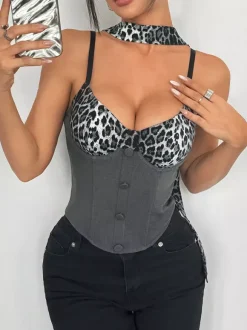 Corset Tops Leopard Print Black Chic Sleeveless Straps Neck Leopard Print Zipper Bustier