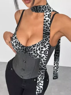 Corset Tops Leopard Print Black Chic Sleeveless Straps Neck Leopard Print Zipper Bustier