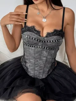 Corset Tops Light Sky Blue Sexy Sleeveless Straps Neck Slim Fit Lace Zipper Tops