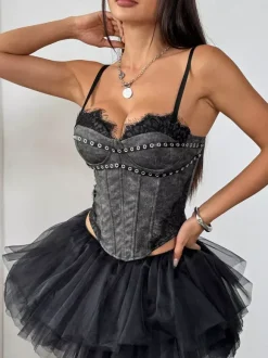 Corset Tops Light Sky Blue Sexy Sleeveless Straps Neck Slim Fit Lace Zipper Tops