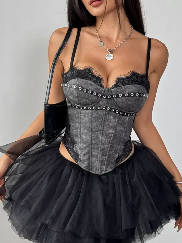 Corset Tops Light Sky Blue Sexy Sleeveless Straps Neck Slim Fit Lace Zipper Tops