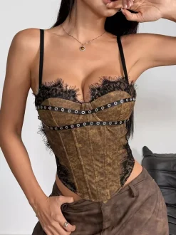 Corset Tops Light Sky Blue Sexy Sleeveless Straps Neck Slim Fit Lace Zipper Tops