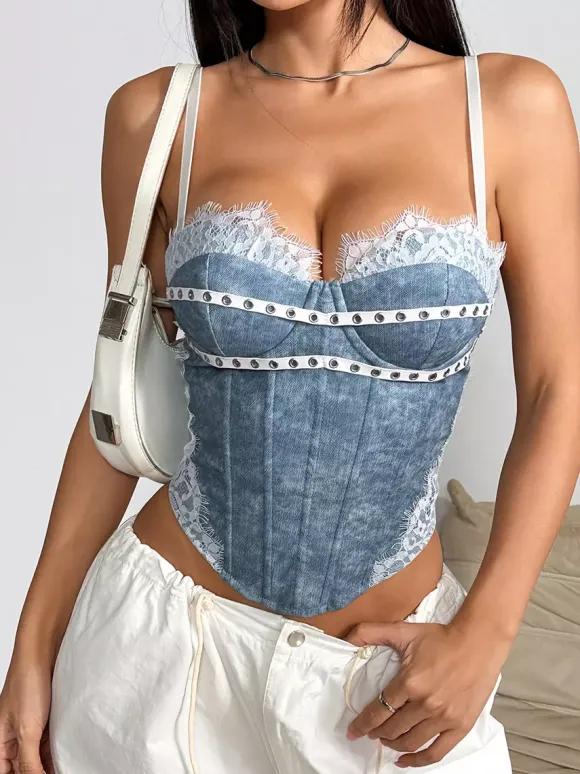 Corset Tops Light Sky Blue Sexy Sleeveless Straps Neck Slim Fit Lace Zipper Tops