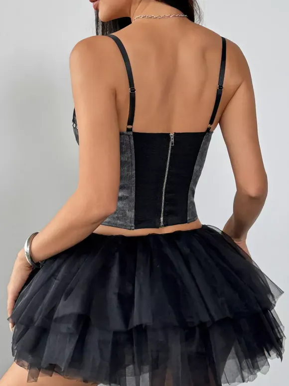 Corset Tops Light Sky Blue Sexy Sleeveless Straps Neck Slim Fit Lace Zipper Tops