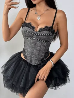 Corset Tops Light Sky Blue Sexy Sleeveless Straps Neck Slim Fit Lace Zipper Tops