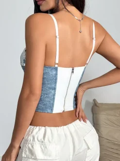 Corset Tops Light Sky Blue Sexy Sleeveless Straps Neck Slim Fit Lace Zipper Tops
