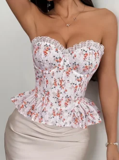 Corset Tops Pink Chic Sleeveless Strapless Slim Fit Lace Lace-up Tops