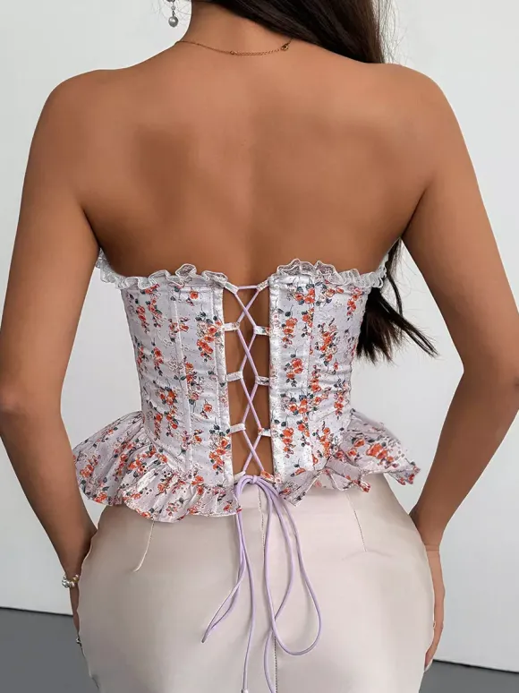 Corset Tops Pink Chic Sleeveless Strapless Slim Fit Lace Lace-up Tops