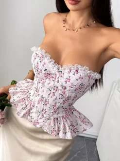 Corset Tops Pink Chic Sleeveless Strapless Slim Fit Lace Lace-up Tops