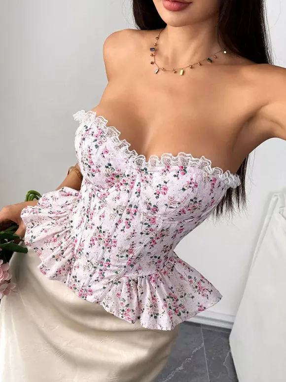 Corset Tops Pink Chic Sleeveless Strapless Slim Fit Lace Lace-up Tops