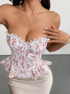 Corset Tops Pink Chic Sleeveless Strapless Slim Fit Lace Lace-up Tops