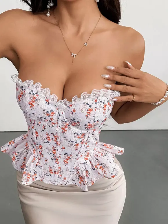 Corset Tops Pink Chic Sleeveless Strapless Slim Fit Lace Lace-up Tops
