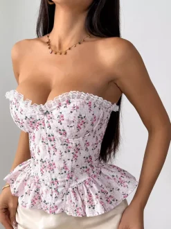 Corset Tops Pink Chic Sleeveless Strapless Slim Fit Lace Lace-up Tops
