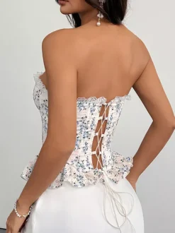 Corset Tops Pink Chic Sleeveless Strapless Slim Fit Lace Lace-up Tops