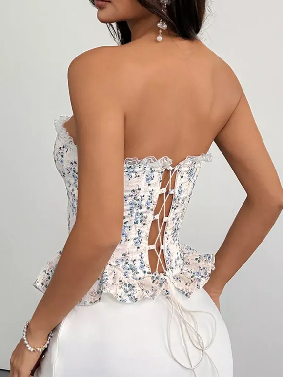 Corset Tops Pink Chic Sleeveless Strapless Slim Fit Lace Lace-up Tops