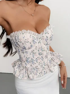 Corset Tops Pink Chic Sleeveless Strapless Slim Fit Lace Lace-up Tops