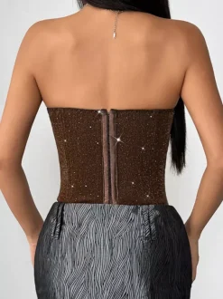 Corset Tops Red Chic Sleeveless Strapless Slim Fit Sequins Tops