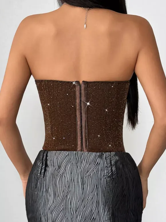Corset Tops Red Chic Sleeveless Strapless Slim Fit Sequins Tops