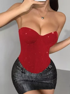 Corset Tops Red Chic Sleeveless Strapless Slim Fit Sequins Tops