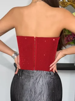 Corset Tops Red Chic Sleeveless Strapless Slim Fit Sequins Tops