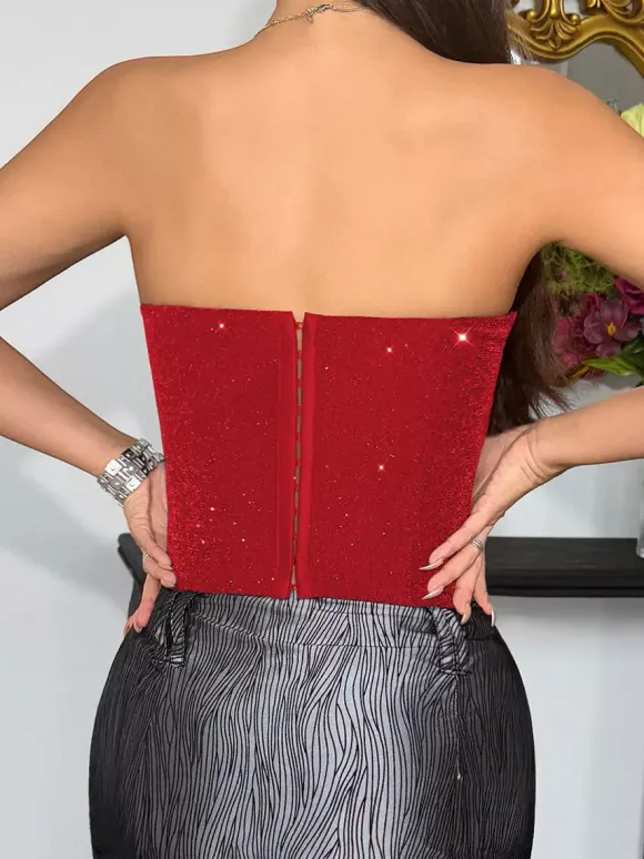 Corset Tops Red Chic Sleeveless Strapless Slim Fit Sequins Tops