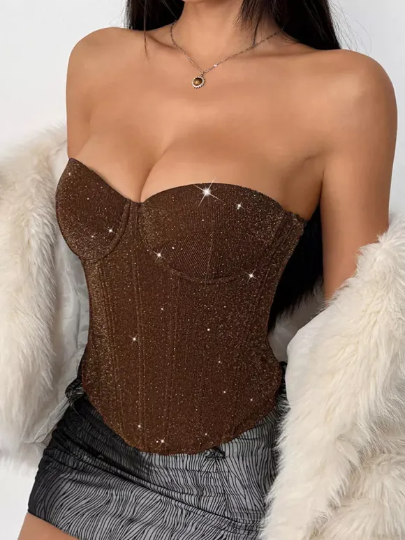Corset Tops Red Chic Sleeveless Strapless Slim Fit Sequins Tops