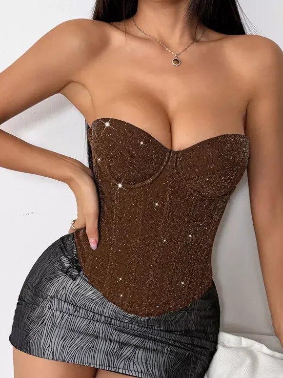 Corset Tops Red Chic Sleeveless Strapless Slim Fit Sequins Tops