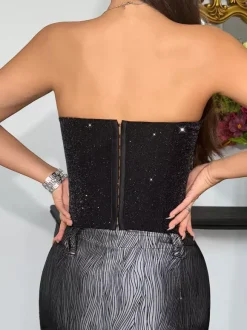 Corset Tops Red Chic Sleeveless Strapless Slim Fit Sequins Tops