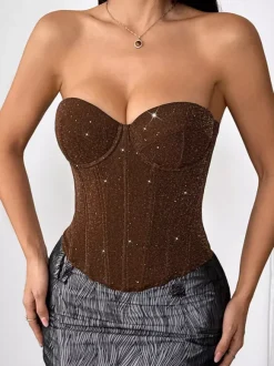 Corset Tops Red Chic Sleeveless Strapless Slim Fit Sequins Tops