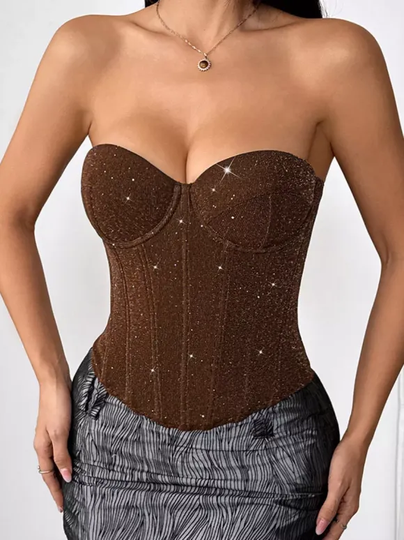 Corset Tops Red Chic Sleeveless Strapless Slim Fit Sequins Tops