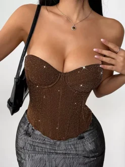 Corset Tops Red Chic Sleeveless Strapless Slim Fit Sequins Tops