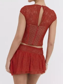 Corset Tops Red Chic Slim Fit Lace Zipper Tops