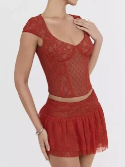 Corset Tops Red Chic Slim Fit Lace Zipper Tops