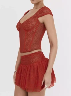 Corset Tops Red Chic Slim Fit Lace Zipper Tops