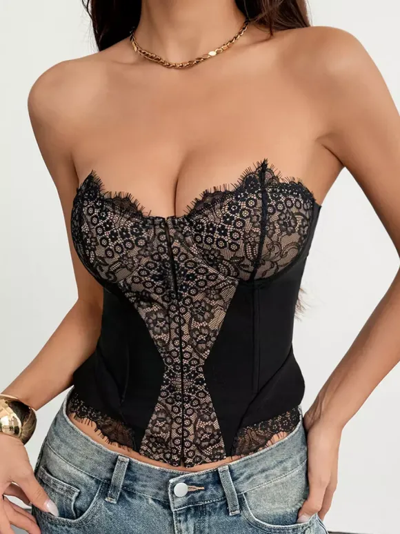 Corset Tops Tops Black Sexy Sleeveless Strapless Slim Fit Lace Tops