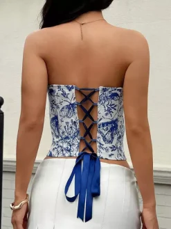 Corset Tops Tops Blue Sexy Strapless Slim Fit Lace Up Tops