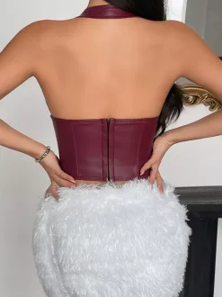 Corset Tops Tops Burgundy Sexy Sleeveless Slim Fit Drawstring PU Zipper