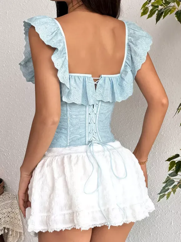 Corset Tops Tops Light Sky Blue Chic Sleeveless Off-The-Shoulder Open Shoulder Slim Fit Ruffles Lace-up