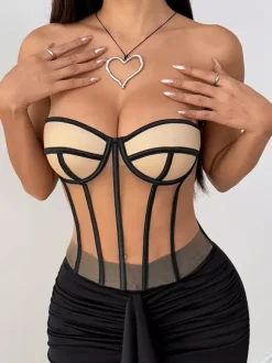 Corset Tops Tops Nude Sexy Sleeveless Strapless Slim Fit Lace-up