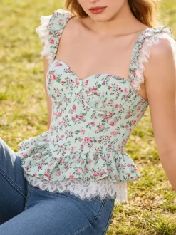Corset Tops Tops Teal Sexy Sleeveless Slim Fit Lace Lace-up Tops