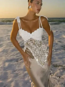 Corset Tops White Athletic Sleeveless Straps Neck Shaping Fishnet Sequins Tops