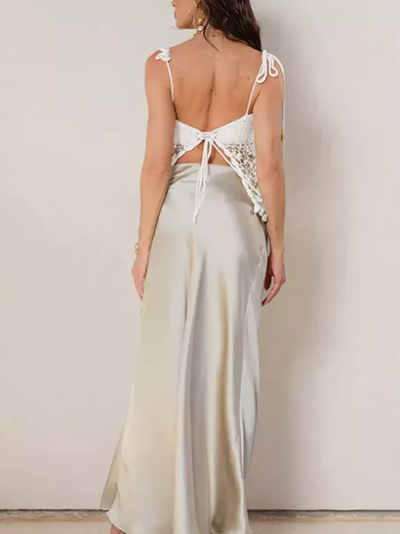 Corset Tops White Athletic Sleeveless Straps Neck Shaping Fishnet Sequins Tops