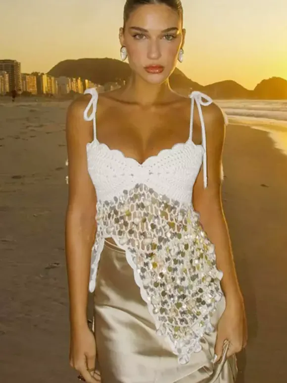 Corset Tops White Athletic Sleeveless Straps Neck Shaping Fishnet Sequins Tops