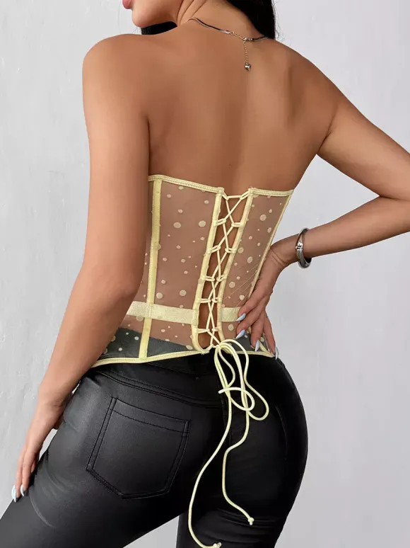 Corset Tops White Chic Sleeveless Strapless Sheer Slim Fit Lace-up Tops