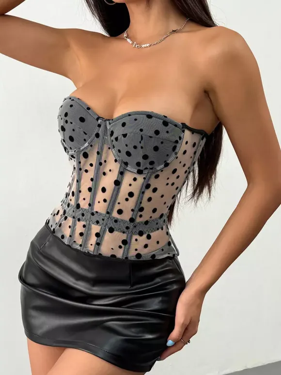 Corset Tops White Chic Sleeveless Strapless Sheer Slim Fit Lace-up Tops
