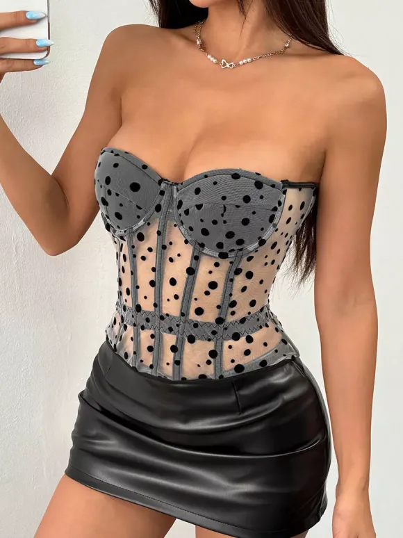 Corset Tops White Chic Sleeveless Strapless Sheer Slim Fit Lace-up Tops