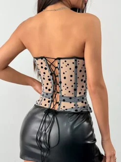 Corset Tops White Chic Sleeveless Strapless Sheer Slim Fit Lace-up Tops