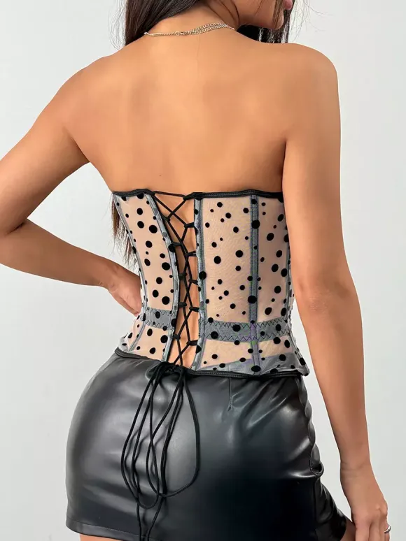 Corset Tops White Chic Sleeveless Strapless Sheer Slim Fit Lace-up Tops